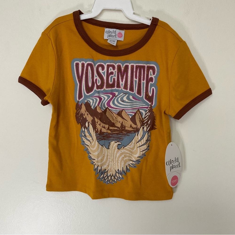 Colorful Planet Yosemite Mustard Yellow T-shirt S (7/8) Mountains & Eagle SS new